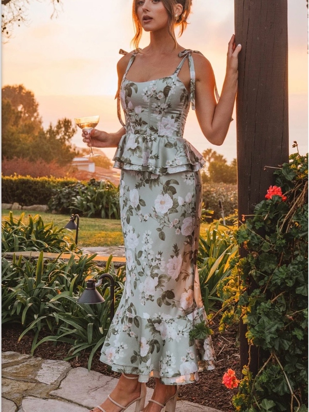 Show Me Your MuMu Sage Green Floral Tie-Shoulder Peplum Midi Dress
